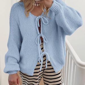 PRETTYGARDEN Women's Tie Front Bow Cardigan Sweaters Chunky Knit Long Puff Sleeve Trendy Fall Winter Jacket Coats