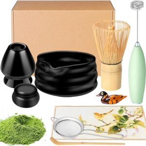 Matcha Whisk Set and Bowl, Matcha Making Kit Whisk, Bowl With Spout, Sifter, Ceramic Whisk Holder, Spoon Japanese Tea Powder Starter Tools For Ceremony Gift (Black, 9 Pack)