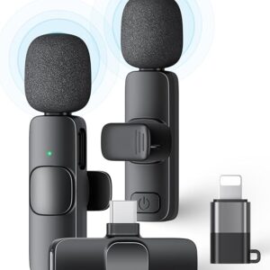 2 Pack Wireless Lavalier Microphone for iPhone iPad and Android Phone, Lapel Mic Plug and Play Wireless Mic Noise Reduction Microphone for Video Recording Interview Podcast Vlog YouTube Tiktok
