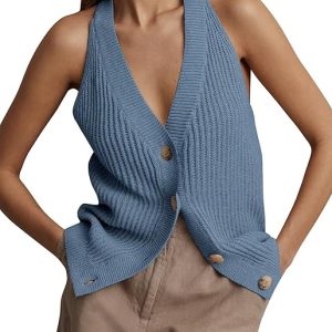 Women Sweater Vest Tops Sleeveless Button Down V Neck Knit Tank Top Slim Casual Cardigan Vest